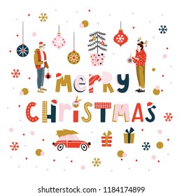 Christmas Greeting Card with winter elements. Merry holidays. Template for New 2019 Year Cards, Scrapbooking, Stickers, Planner, Invitations.