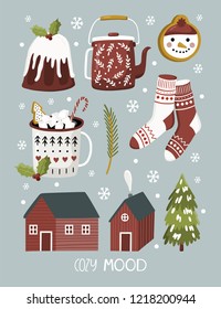 Christmas Greeting Card with winter elements. Merry holidays. Template for New 2019 Year Cards, Scrapbooking, Stickers, Planner, Invitations. Nordic style.