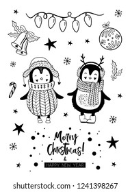 Christmas Greeting Card with winter elements. Merry holidays. Template for New 2019 Year Cards, Scrapbooking, Stickers, Planner, Invitations.