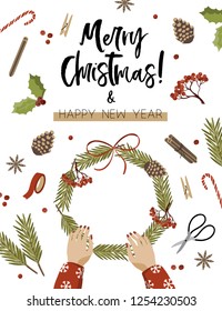 Christmas Greeting Card with winter elements. Merry holidays. Template for New 2019 Year Cards, Scrapbooking, Stickers, Planner, Invitations.