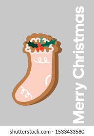 Christmas Greeting Card with winter elements. Merry holidays. Template for New 2020 Year Cards, Invitations.
Christmas sock shaped gingerbread 