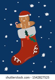 Christmas Greeting Card with winter elements on dark blue background. Merry holidays. Template for New 2020 Year Cards, Invitations. Christmas Stocking.