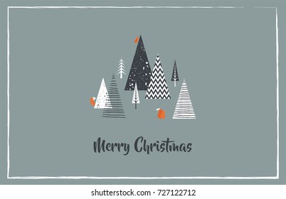 Christmas greeting card with winter forest and forest animals. Abstract Vector illustration