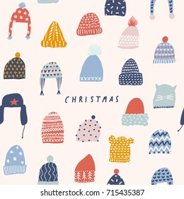 Рождественская открытка с зимними вязаными шляпами.