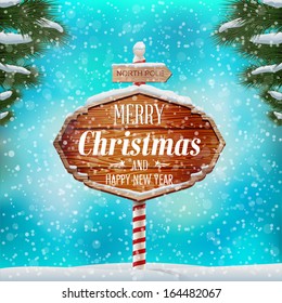 Christmas greeting card, winter landscape with wooden signboard. Vector illustration