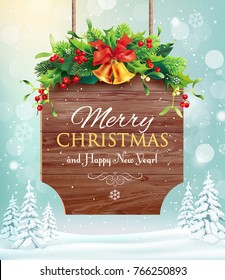 Christmas greeting card with winter landscape and wooden sign decorated with fir branches, holly and bells. Vector illustration.