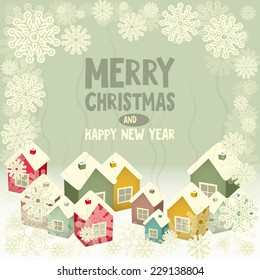 Christmas Greeting Card - Winter Little Colored Town with Snow Frame. Vector Illustration.