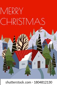 Christmas greeting card with winter mountain landscape and houses. Cartoon flat illustration