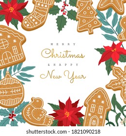 Christmas greeting card, with winter plants and gingerbread. Invitation to a holiday New Year's party. Vector illustration in modern Scandinavian flat style, isolated on white background.