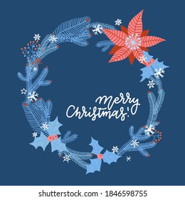 Christmas greeting card, with winter plants, poinsettia, holly berry, laurel, spruce, tree brunch, traditional symbol. Vector flat illustration , isolated on dark blue background