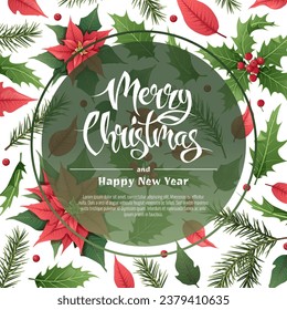 Christmas greeting card, with winter plants, poinsettia, holly berry, spruce, traditional symbol.Vignette, frame, on a white background for greeting card, invitation, banner, flyer.