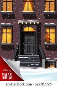 Christmas greeting card with winter street landscape.