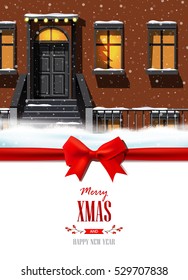 Christmas greeting card with winter street landscape.