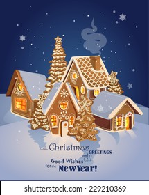 Christmas greeting card with Winter village of ginger cookies. Happy new year