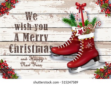 Christmas Greeting Card With Winter Vintage Skates. Festive Decoration On A Rustic Wooden Background