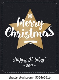 Christmas greeting card with wish Merry Christmas and gold star and snowflake on holiday background. Holiday decoration element. Vector Illustration