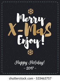 Christmas greeting card with wish Merry X-Mas Enjoy and snowflake gold style on snow holiday background. Christmas decoration element. Vector Illustration