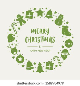 Christmas greeting card with wishes and holiday wreath with minimalist ornaments. Vector