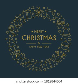 Christmas greeting card with wishes and holiday wreath with minimalist ornaments. Vector