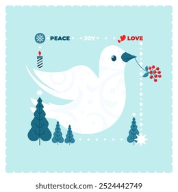 Christmas greeting card with wishes of peace, joy, love and white dove holding poisenta branch. All in separate and group layers. Vector.