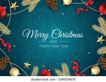Christmas greeting card wit Christmas Tree Decorations, Pine Branches, balls,stars and snow