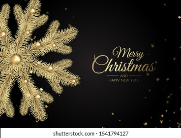 Christmas greeting card wit Christmas Tree Decorations, Pine Branches, balls,stars and snow