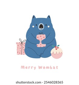 Navidades Tarjeta de felicitación con el personaje de Wombat sentado con regalos. Ilustración de temporada de Festiva australiana, diseño.