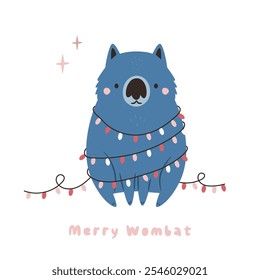 Christmas Greeting Card with Wombat Character Wrapped in Garland. Australian Holiday Illustration, Design.