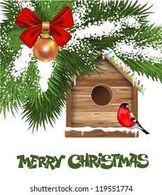 Christmas greeting card with wooden birdhouse