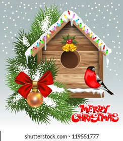 Christmas greeting card with wooden birdhouse