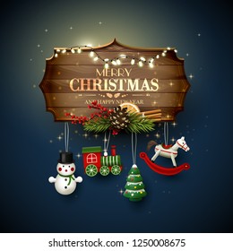 Christmas Greeting Card With Wooden Sign And Toys Decorations