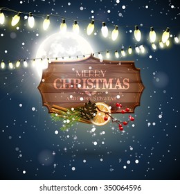 Christmas greeting card with wooden sign and traditional decorations in front of christmas lights and the Moon