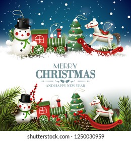 Christmas greeting card with wooden toys decorations in the snow