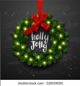 Christmas greeting card  with wreath . Happy new year. Xmas vector background. Hand drawn calligraphy. concept handwritten Holly Jolly