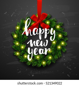 Christmas greeting card with wreath . Happy new year. Xmas vector background. Hand drawn calligraphy. concept handwritten Holly Jolly 