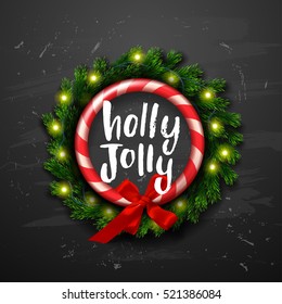 Christmas greeting card with wreath . Happy new year. Xmas vector background. Hand drawn calligraphy. concept handwritten Holly Jolly  