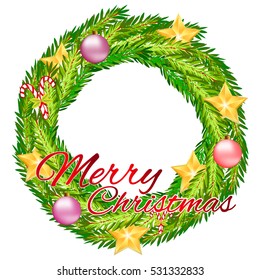 Christmas greeting card with wreath . Happy new year. Xmas vector background. Hand drawn calligraphy. 
