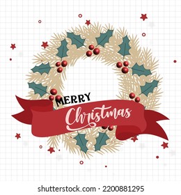 christmas greeting card with wreath and Holly.