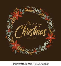 Christmas Greeting Card with wreath and lettering. Winter florals, poinsettia, eucalyptus. Merry holidays. Template for New 2020 Year Cards, Scrapbooking, Stickers, Planner, Invitations.