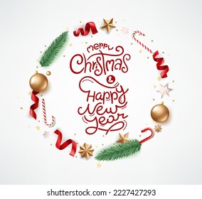 Christmas greeting card with wreath and lettering inscription
