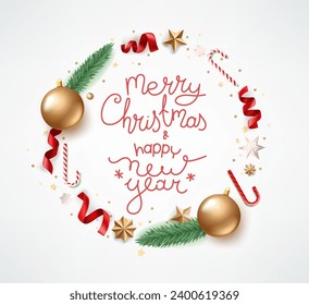 Christmas greeting card with wreath and lettering inscription. 3d vector