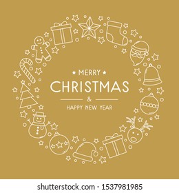 Christmas greeting card with wreath made of holiday elements. Vector