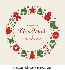 Christmas greeting card with wreath made of holiday elements. Vector