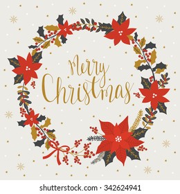 Christmas Greeting Card with wreath. Merry Christmas lettering. Template for New 2016 Year Cards, Scrapbooking, Stickers, Planner, Invitations.