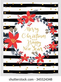 Christmas Greeting Card with wreath. Merry Christmas and Happy New Year lettering. Template for Cards, Scrapbooking, Stickers, Planner, Invitations. Gold glitter confetti on striped background
