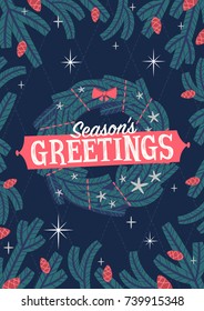 Christmas greeting card with wreath. Mid-century style. Vector illustration.