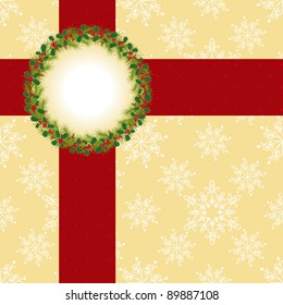 Christmas greeting card with Christmas wreath and ribbon on seamless pattern background