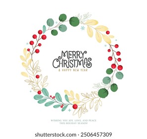 Navidades tarjeta de felicitación corona de Vector diseño de Plantilla. Feliz Navidad y feliz año nuevo texto de saludo con coloridas hojas de abeto guirnalda decoración de Elementos. feriado de Ilustración vectorial 