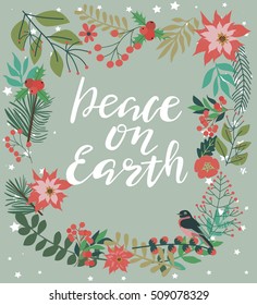 Christmas greeting card. Christmas wreath with winter floral. Vector illustration