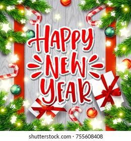 Christmas greeting card with wreath .  Xmas vector background. Hand drawn calligraphy. concept handwritten Happy new year.